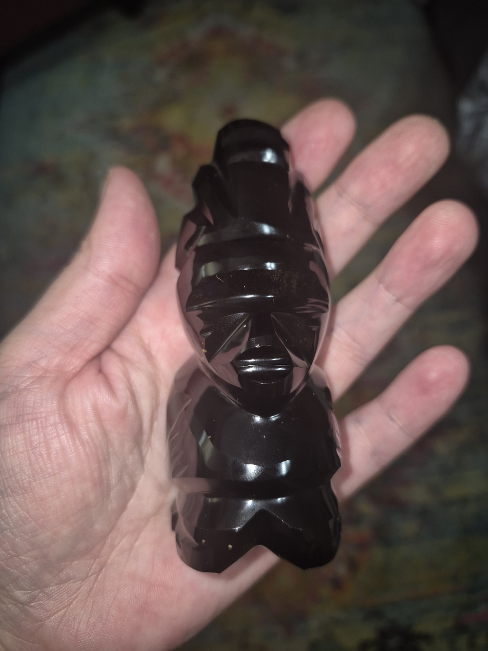 Hand-Carved Black Obsidian (Black Onyx) Mayan Style Figurine